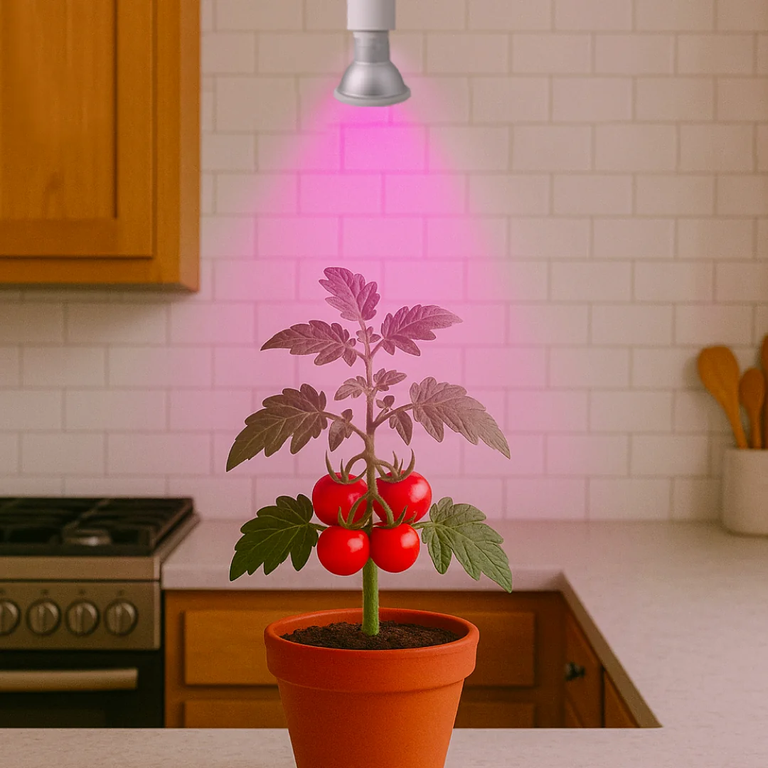 LED Pflanzenlampe Wachstum 15W mit 30° Abstrahlwinkel beleuchtet Tomatenpflanze im Gewächshaus