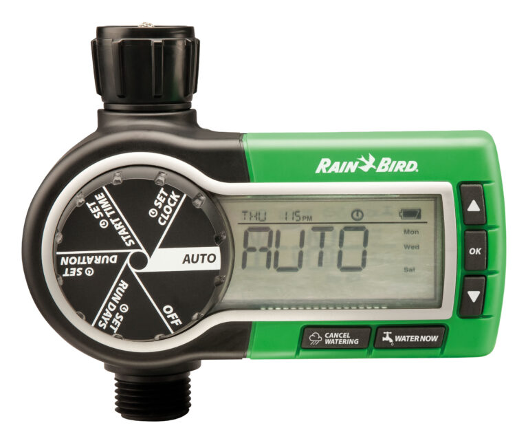 Digitale Rain Bird Bewässerungsuhr zur automatischen Bewässerung von Garten, Hochbeet und Gewächshaus mit großem LCD-Display.