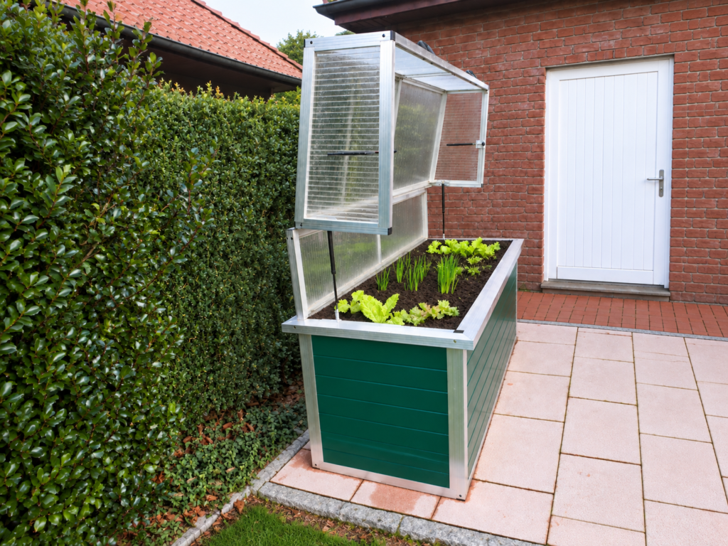 WAMA Hochbeet mit grünen Aluminium-Paneelen, vollständig geöffnetem Frühbeet-Aufsatz und sichtbarer Bepflanzung aus Salaten und Jungpflanzen.