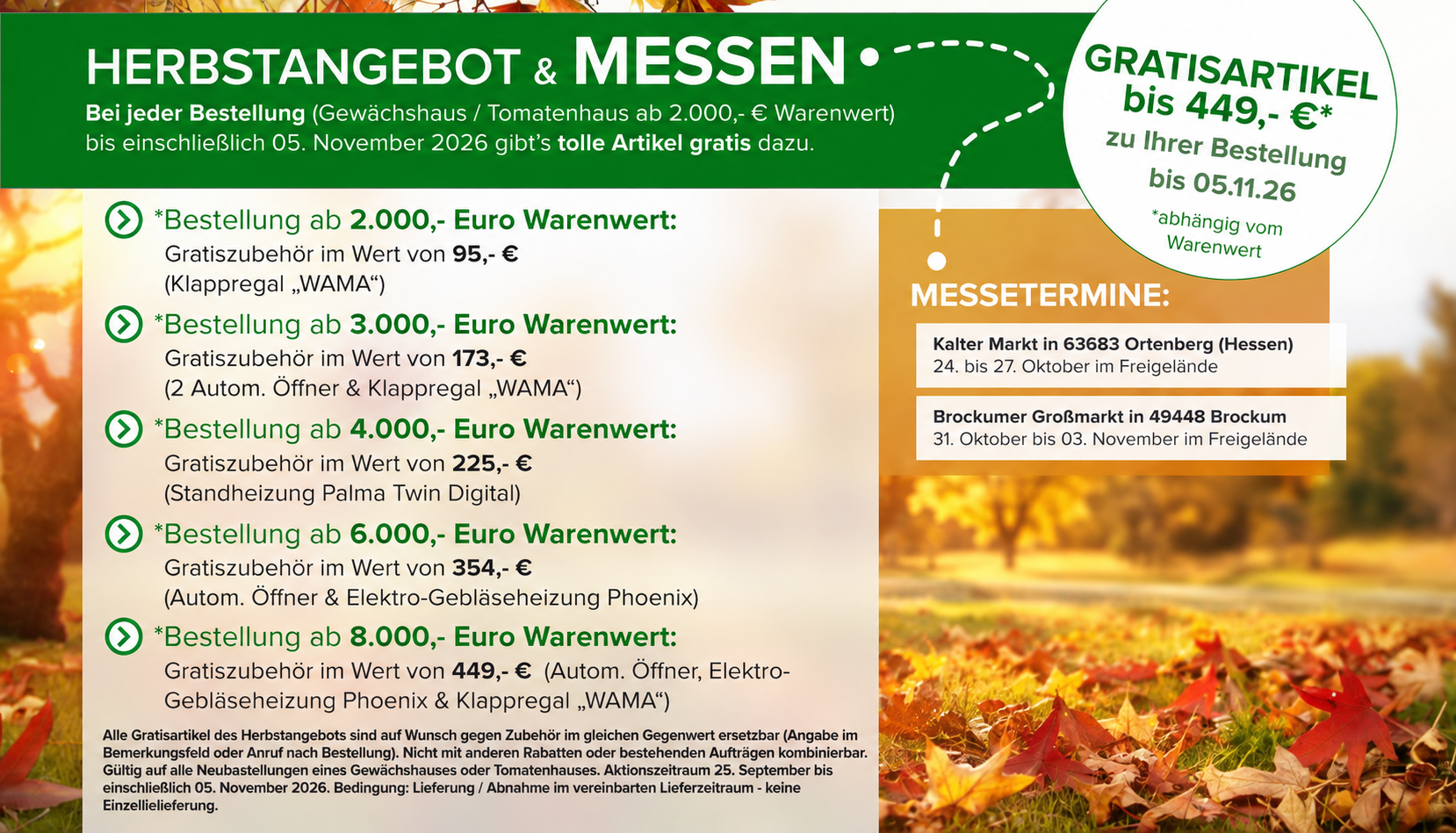 Herbstangebot 2026 für Gewächshäuser und Tomatenhäuser mit Gratiszubehör bis 449 Euro sowie Messeterminen in Ortenberg und Brockum.