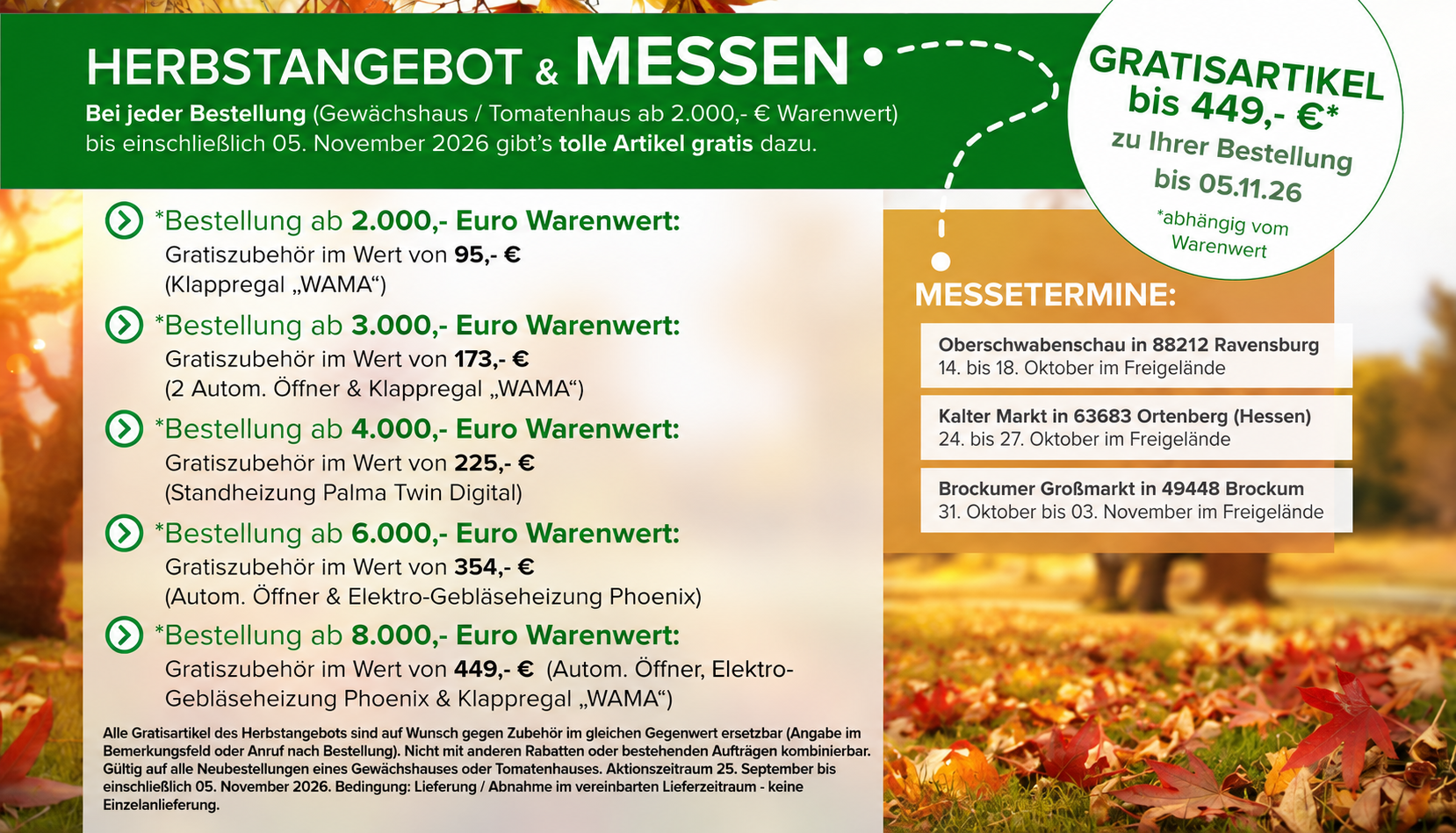 Gewächshaus-Herbstangebot 2026 mit Gratiszubehör bis 449 Euro und Messeterminen in Ravensburg, Ortenberg und Brockum.