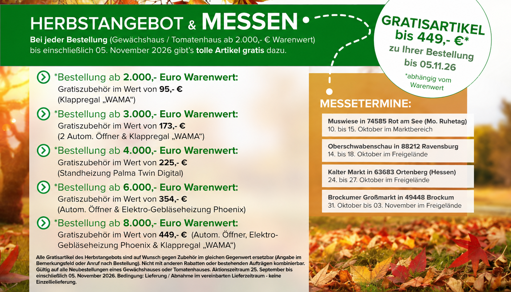 Herbstangebot für Gewächshäuser 2026 mit Gratisartikeln bis 449 Euro und Messen in Rot am See, Ravensburg, Ortenberg und Brockum.