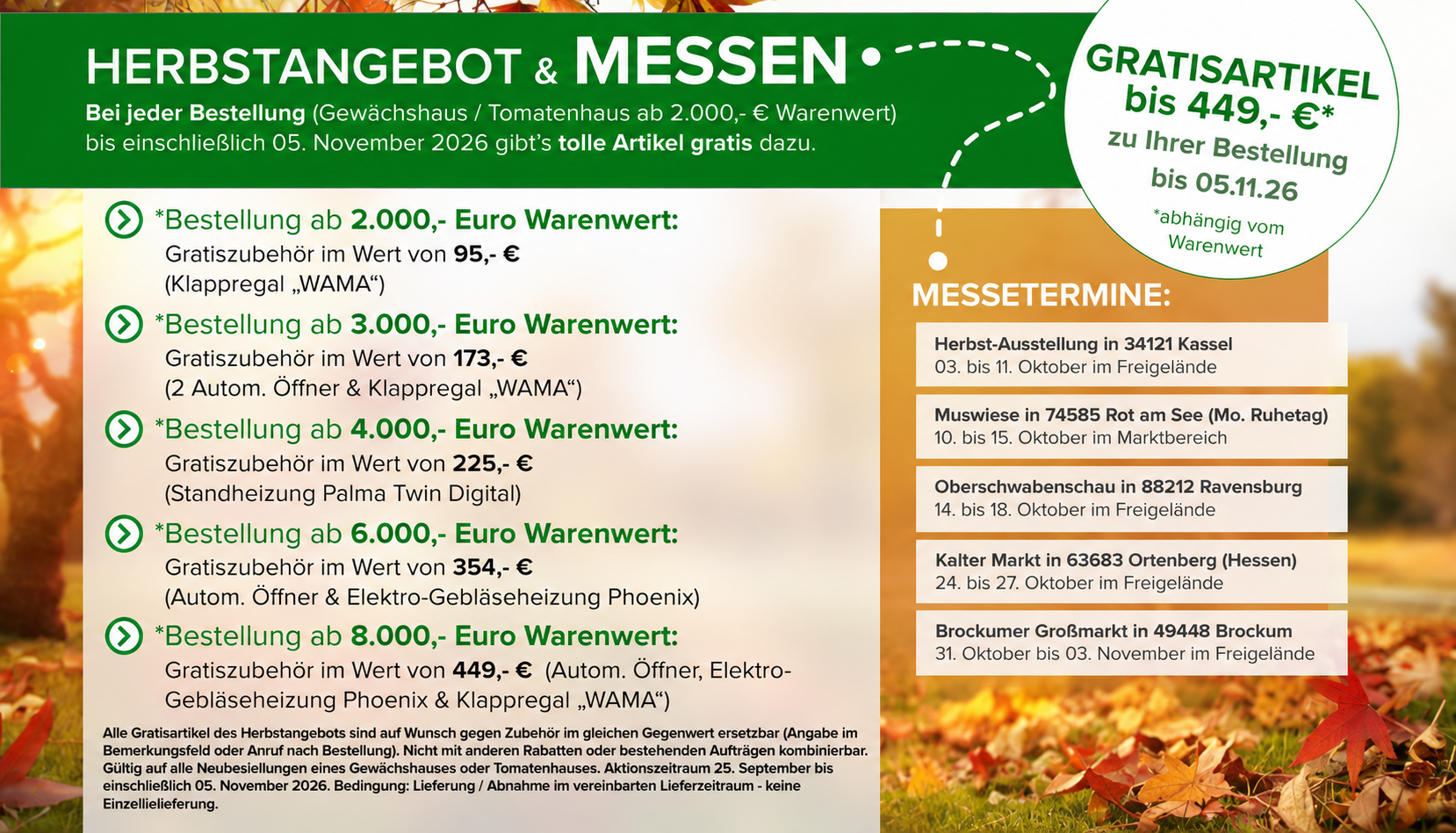 Gewächshaus-Herbstaktion 2026 mit Gratiszubehör bis 449 Euro sowie Messeterminen in Kassel, Rot am See, Ravensburg, Ortenberg und Brockum.