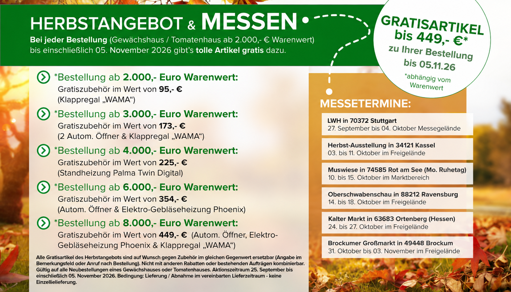 Herbstangebot 2026 für Gewächshäuser mit Gratiszubehör bis 449 Euro und Messeterminen in Stuttgart, Kassel, Rot am See, Ravensburg, Ortenberg und Brockum.