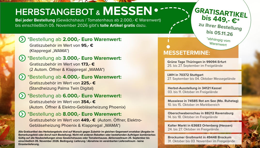 Herbstangebot 2026: bis zu 449 € Gratiszubehör ab 2.000 € Bestellwert, gestaffelt nach Warenwert, sowie sieben Messetermine.