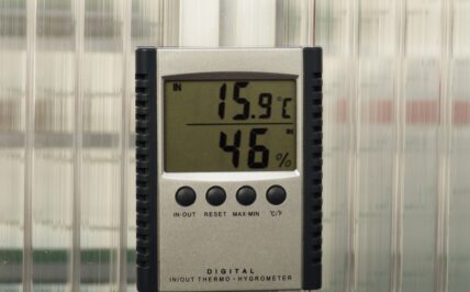 Digitales Max-Min-Thermometer mit Hygrometer an einer Gewächshauswand, mit Anzeige von 15,9 °C und 46 % Luftfeuchtigkeit.