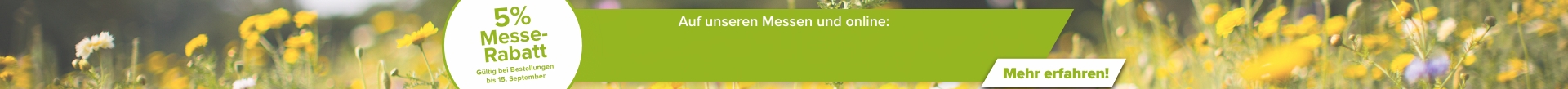 Aktionsbanner mit gelben Blüten: 5 % Messe-Rabatt auf Gewächshäuser, Tomatenhäuser und Hochbeete, gültig vom 1. bis 15. September 2026