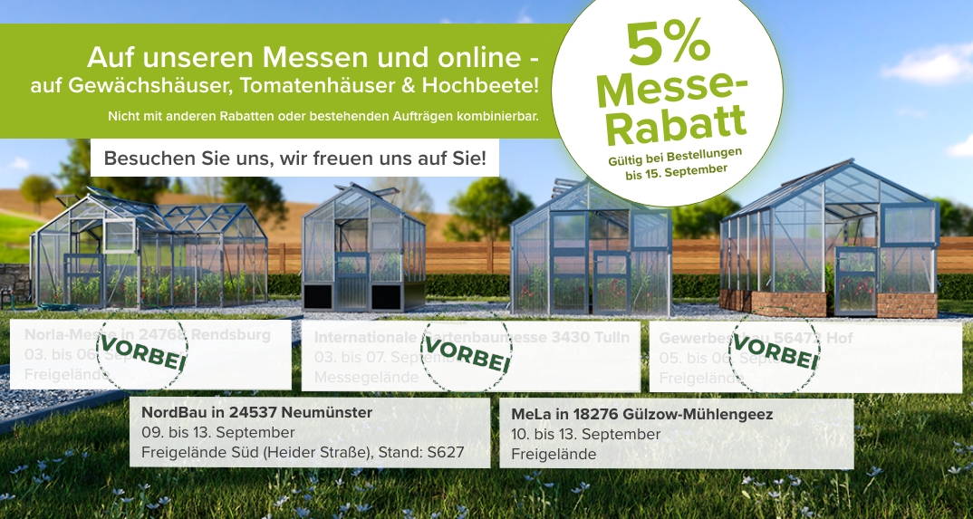 Gewächshaus-Ausstellung mit 5 Prozent Rabatt und verbleibenden Messeterminen in Neumünster und Gülzow-Mühlengeez