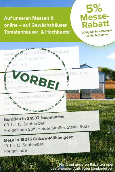 Mobile Messeübersicht mit Gewächshausmotiv, Rabattaktion sowie Terminen der NordBau und MeLa