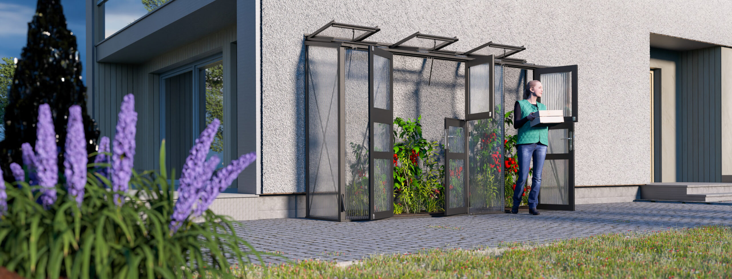 Anlehn-Tomatenhaus TH A 16 mit Doppeltr  3,08 m (B: 81 / 131 cm x L: 381  cm)  im WAMA-Gewchshaus-Shop bestellen. Stabile Qualitts-Gewchshuser &  Zubehr made in Germany  Lieferung frei Haus! Individuell konfigurierbar