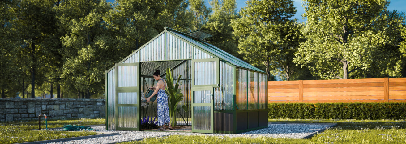 WAMA Gewächshaus Tropic 3.03  Hochbeet umlaufend in Moosgrün RAL6005