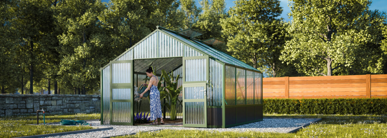 WAMA Gewächshaus Tropic 3.04  Hochbeet umlaufend in Moosgrün RAL6005