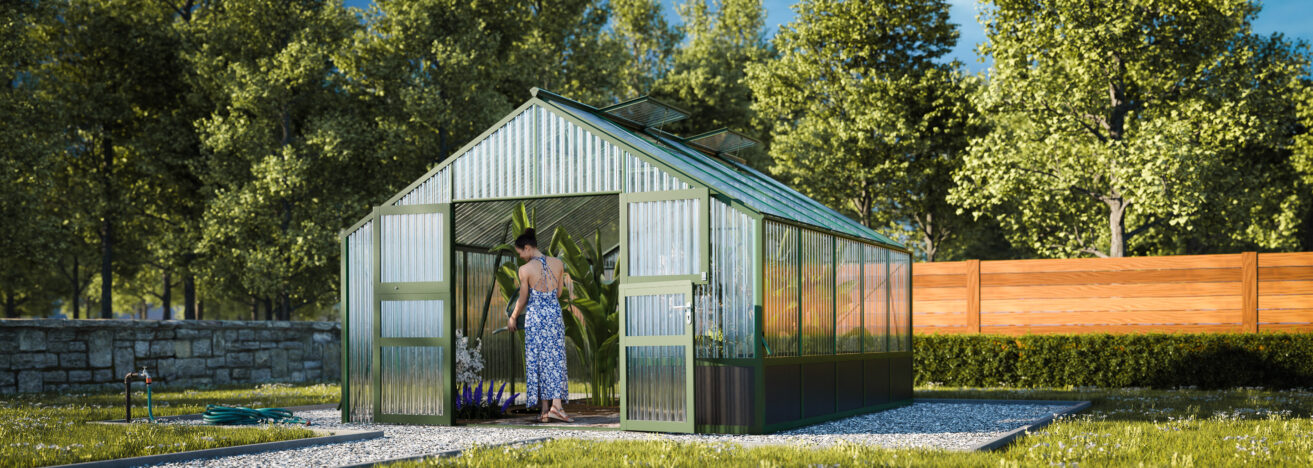 WAMA Gewächshaus Tropic 3.05  Hochbeet umlaufend in Moosgrün RAL6005
