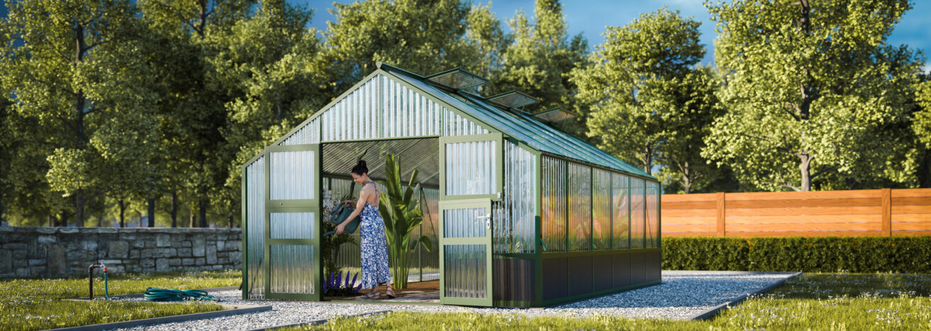 WAMA Gewächshaus Tropic 3.06  Hochbeet umlaufend in Moosgrün RAL6005
