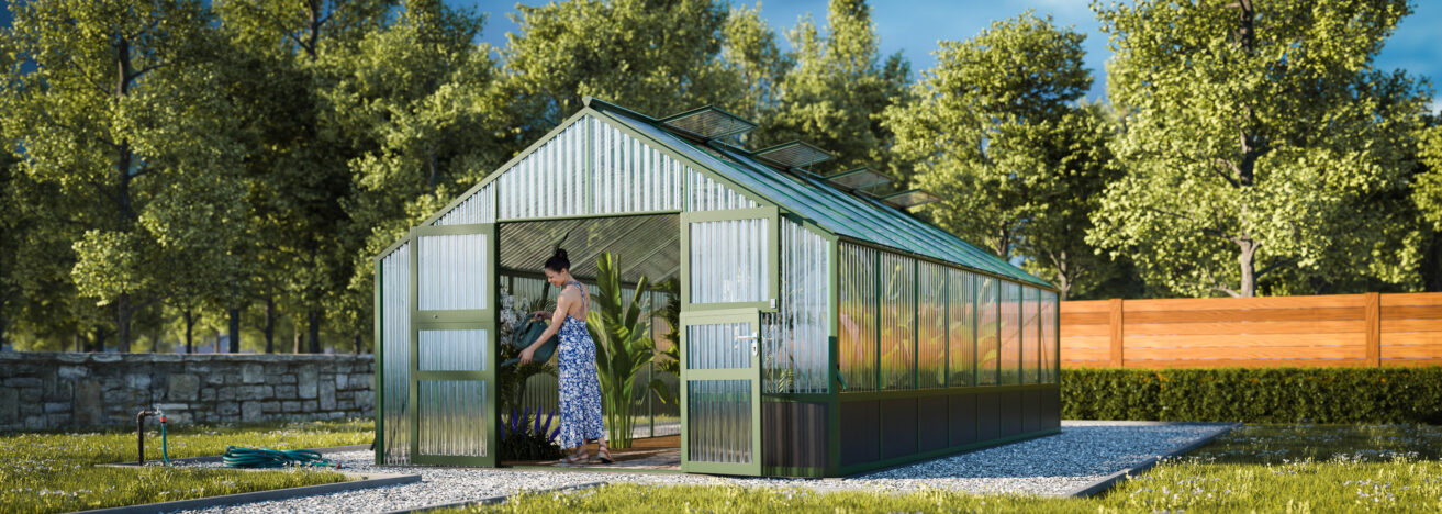 WAMA Gewächshaus Tropic 3.08  Hochbeet umlaufend in Moosgrün RAL6005