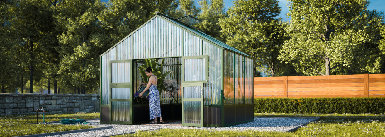 WAMA Gewächshaus Tropic 3.03  Hochbeet umlaufend in Moosgrün RAL6005