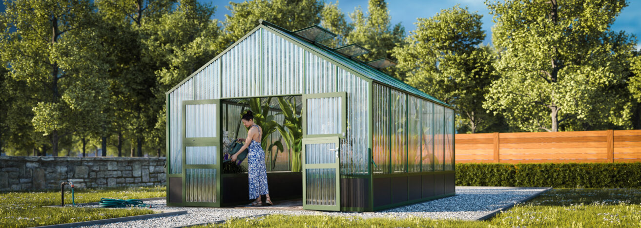 WAMA Gewächshaus Tropic 3.06  Hochbeet umlaufend in Moosgrün RAL6005
