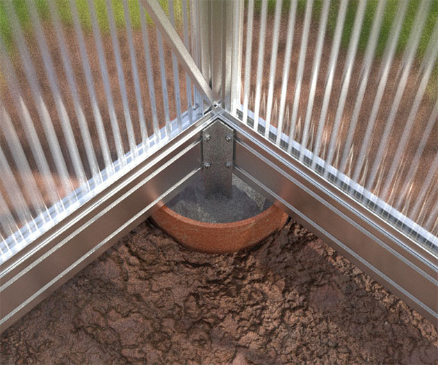 Punktfundament für Gewächshaus mit Aluminium-Fundamentrahmen und Fundamentrohr zur stabilen Verankerung im Boden